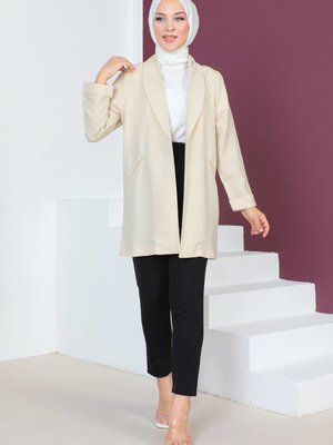 Kruvaze Yaka Ceket Bej