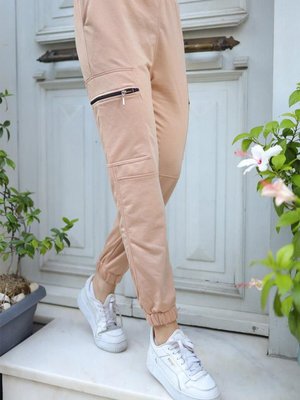 Bel Lastikli Fermuar Cepli Pantolon Latte
