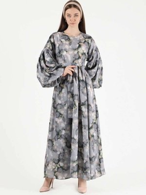 Çiçek Desenli Balon Kol Elbise Gri Çiçek Desenli Balon Kol Elbise Gri
