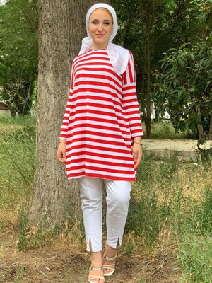 Kırmızı Kalın Çizgili Oversize Tunik Kırmızı Kalın Çizgili Oversize Tunik