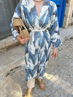 İndigo Fırça Desenli Keten Kimono