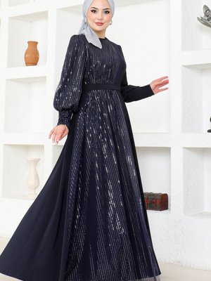 Sim Tüllü Krep Abiye Elbise Lacivert