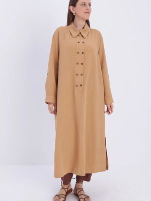 Camel Büyük Beden Çift Düğmeli Keten Tam Boy Tunik Camel Büyük Beden Çift Düğmeli Keten Tam Boy Tunik