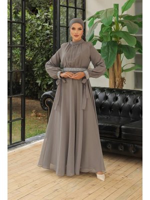 Antrasit Önü Büzgülü Taş Süslemeli Şifon Abiye Elbise