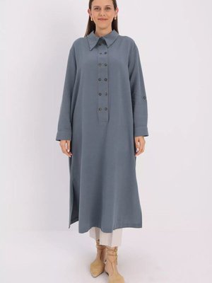 Füme Büyük Beden Çift Düğmeli Keten Tam Boy Tunik Füme Büyük Beden Çift Düğmeli Keten Tam Boy Tunik