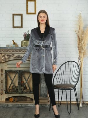 Kadife Dügmeli Ve Kemerli Ceket Gri