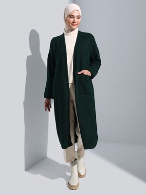 Cep Detaylı Oversize Triko Hırka Zümrüt Yeşili