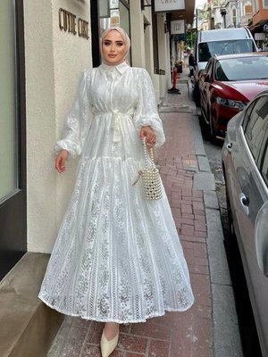 Güpür Desenli Yaka Gömlek Elbise Güpür Desenli Yaka Gömlek Elbise