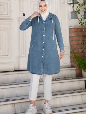 Boydan Düğmeli Kapüşonlu Kot Tunik