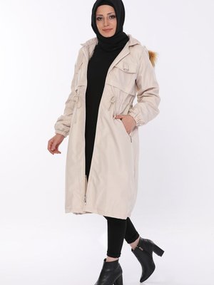 Taş Kapüşonlu Fermuarlı Beli Büzgülü Mont