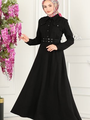 Siyah Çift Kemerli Dabıl Elbise