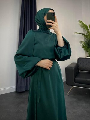 Dimitra Balon Kol Saten Elbise Zümrüt Dimitra Balon Kol Saten Elbise Zümrüt