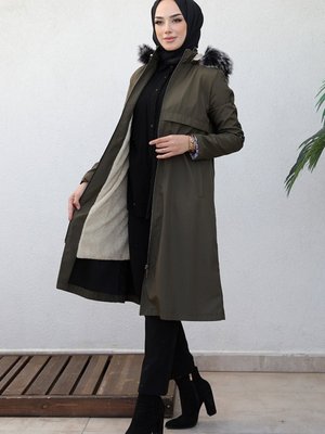 Ayas Tünel Kemerli Kürk Kapüşonlu Mont Haki