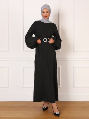 Siyah Balon Kollu Taş Kemerli Şık Abiye Elbise