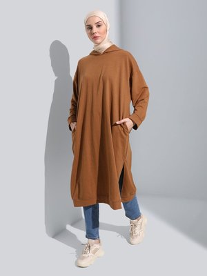 Kapüşonlu Uzun Sweatshirt Taba
