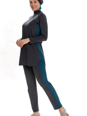 Antrasit Likralı Spor Tasarım Tam Kapalı Mayo