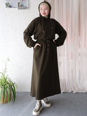 Haki İplik Kapüşonlu Sweat & Etek Takım