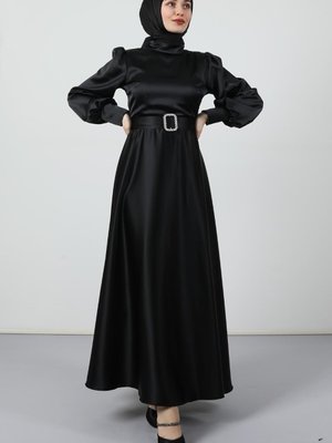 Kolu Düğmeli Saten Elbise Siyah Kolu Düğmeli Saten Elbise Siyah