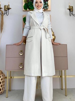Kadın Ekru Kuşaklı Kaşe Yelek T