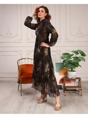 Desenli Pliseli Şifon Elbise