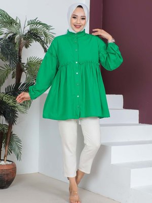 Yeşil Fırfır Detaylı Terikoton Gömlek