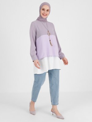 Refka Casual Kolye Detaylı Renk Bloklu Aerobin Tunik Vintage Mor Antik Lila Ekru