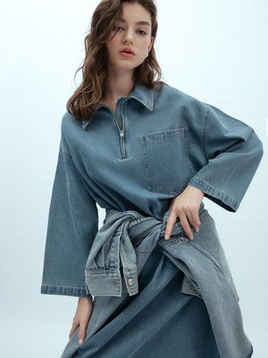 Yaka Detaylı Denim Elbise Mavi Yaka Detaylı Denim Elbise Mavi