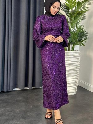 Kırçıllı Payetli Abiye Elbise Mor Kırçıllı Payetli Abiye Elbise Mor
