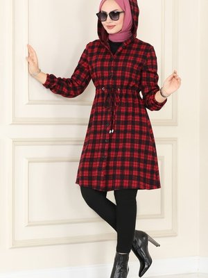 Bordo Beli Tünelli Ekose Tunik Bordo Beli Tünelli Ekose Tunik