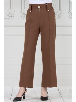 Kahverengi İnci Broşlu Çımalı Bol Paça Pantolon
