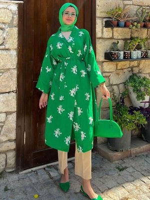 Yeşil Çiçek Nakışlı Müslin Kimono