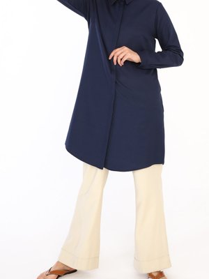 Lacivert Gizli Patlı Pamuklu Gömlek Tunik