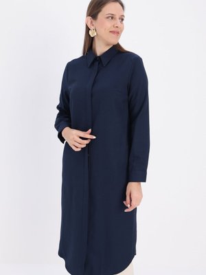 Lacivert Basic Gizli Patlı Uzun Gömlek