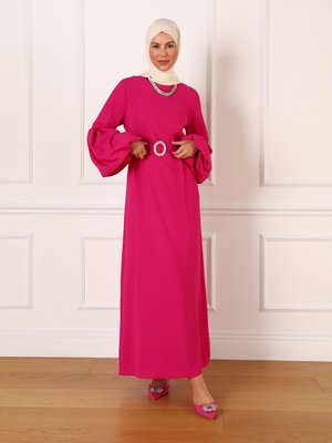 Fuşya Balon Kollu Taş Kemerli Şık Abiye Elbise