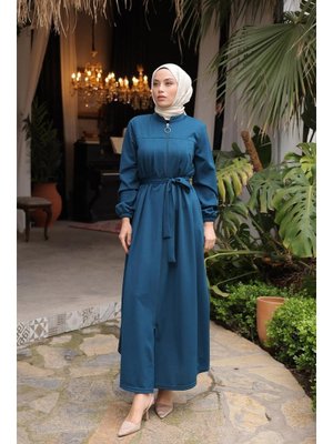 Belden Kuşak Detaylı Ferace Petrol Mavi