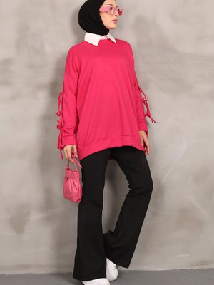 Fuşya Kolları Britli İki İplik Sweatshirt Fuşya Kolları Britli İki İplik Sweatshirt
