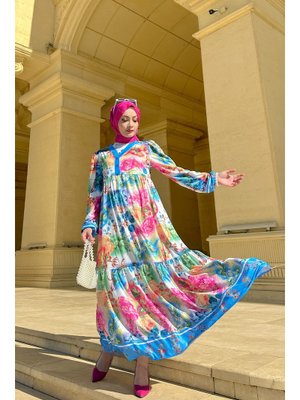 Mavi Lara Çiçekli Elbise