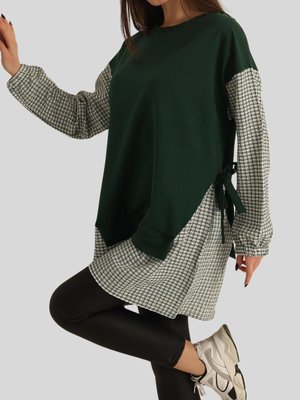 Koyu Yeşil Kolu Ve Beli Kare Desen Kuşaklı Tunik