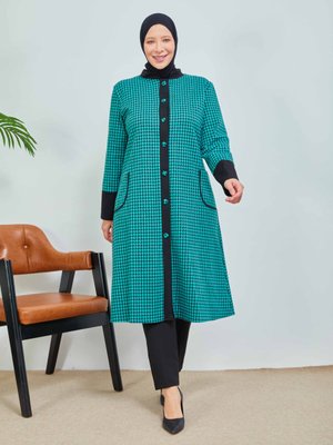 Petrol Kazayağı Desenli Boydan Düğmeli Kap