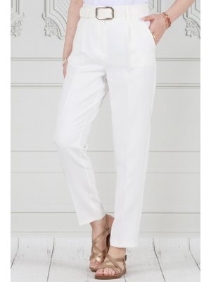 Beyaz Beli Kemerli Kalem Pantolon