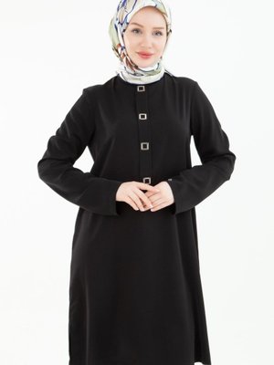Armine Trend Kare Çıtçıtlı Tunik Siyah