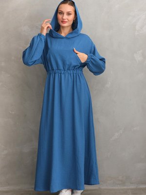 İndigo Yazlık Keten Spor Kapüşonlu Belden Büzgülü Cepli Elbise İndigo Yazlık Keten Spor Kapüşonlu Belden Büzgülü Cepli Elbise