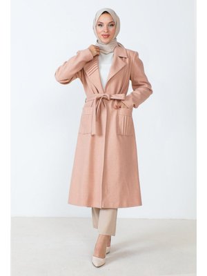 Pudra Beli Kuşaklı Kaşe Kaban Pudra Beli Kuşaklı Kaşe Kaban