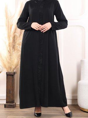 Gündelik Taşlı Siyah Medine İpeği Cepli Ferace