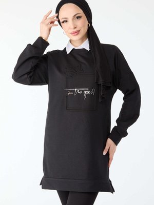 Sıyah Bisiklet Yaka Baskılı Uzun Kollu Sweatshirt Sıyah Bisiklet Yaka Baskılı Uzun Kollu Sweatshirt