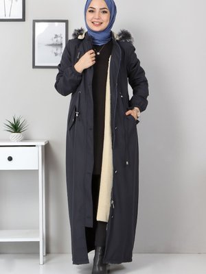 Beli Bağcıklı Kapaklı Mont Lacivert