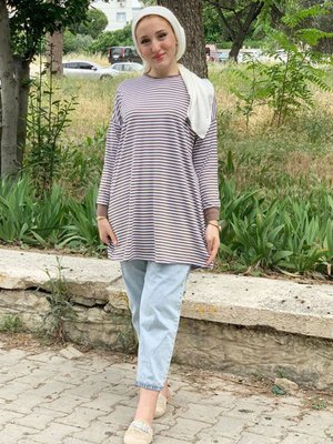 Kahve Arissa Çizgili Basıc Tunik