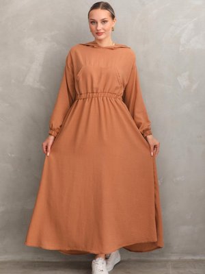 Taba Yazlık Keten Spor Kapüşonlu Belden Büzgülü Cepli Elbise Taba Yazlık Keten Spor Kapüşonlu Belden Büzgülü Cepli Elbise