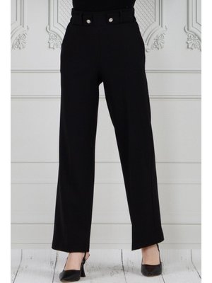 Siyah Kemeri Düğme Detaylı Bol Paça Pantolon