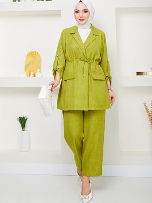 Beli Bağlamalı Çeket Ve Pantolonlu Keten Takım Yağ Yeşili Beli Bağlamalı Çeket Ve Pantolonlu Keten Takım Yağ Yeşili